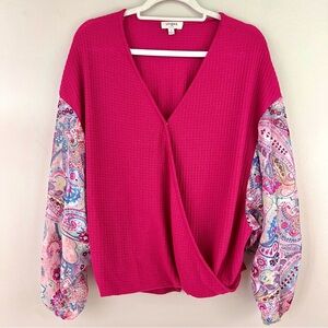 Umgee Hot Pink & Paisley Print Puffy Flowy Sleeves Blouse Boho Festival ~ Small
